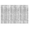 Three panels of metallic foil fringe curtains with vertical lines.