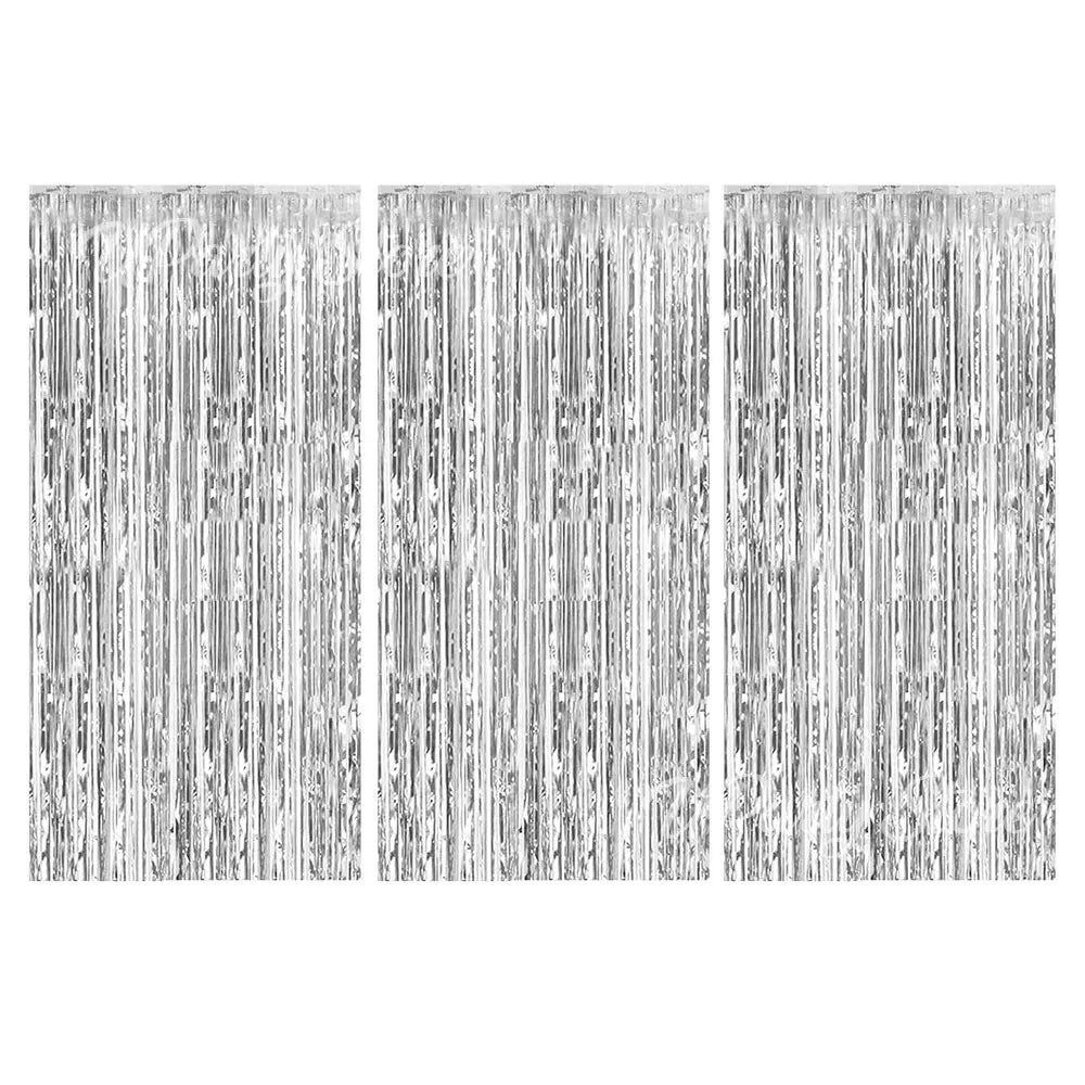 Three panels of metallic foil fringe curtains with vertical lines.