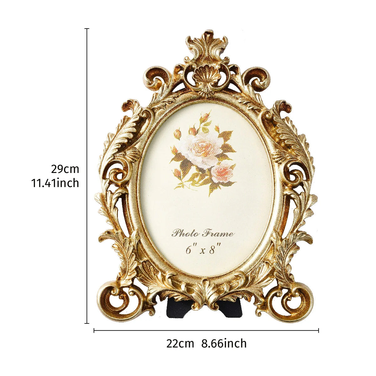 Vintage gold oval resin picture frame with ornate detailing and a white background