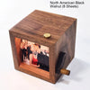 A wooden hand-crank flip photo frame with an LED light, featuring a photo of a couple.