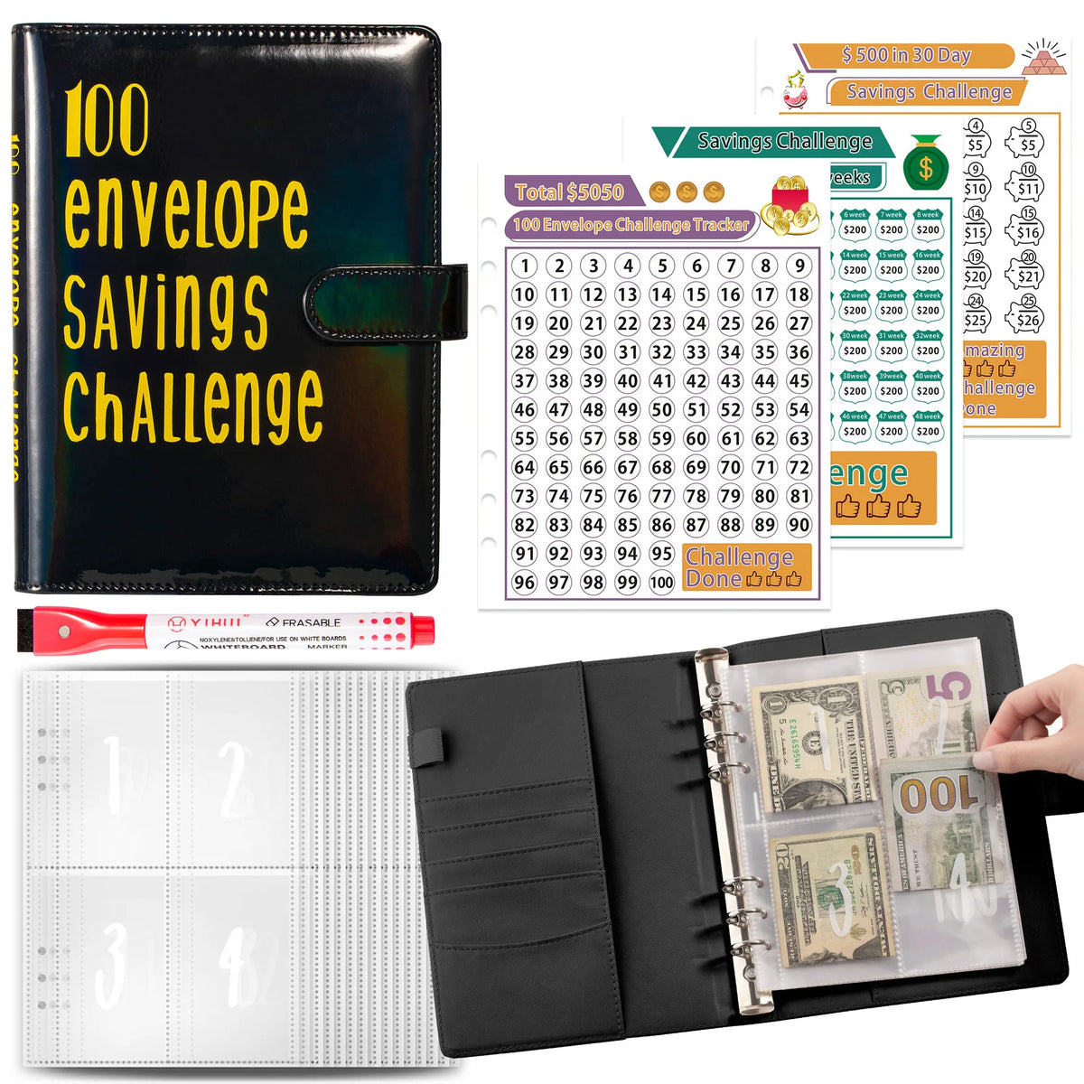 A black binder for the 100 Envelope Savings Challenge with numbered envelopes and cash organizers.