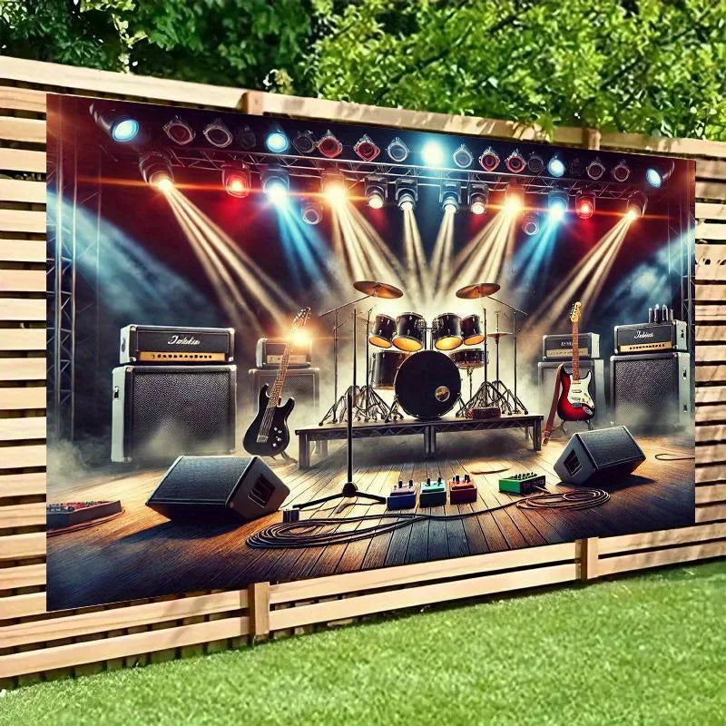 A large framed backdrop depicting a rock band stage with bright spotlights and musical instruments.