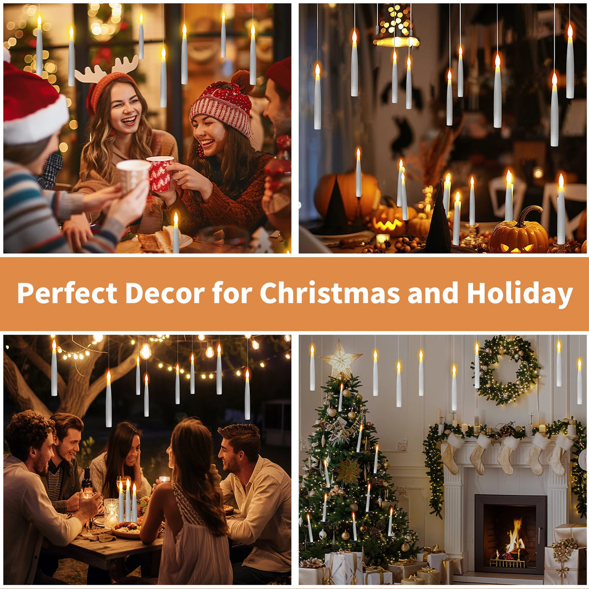 Flameless floating candles with a magic wand remote used for Christmas and holiday decoration.