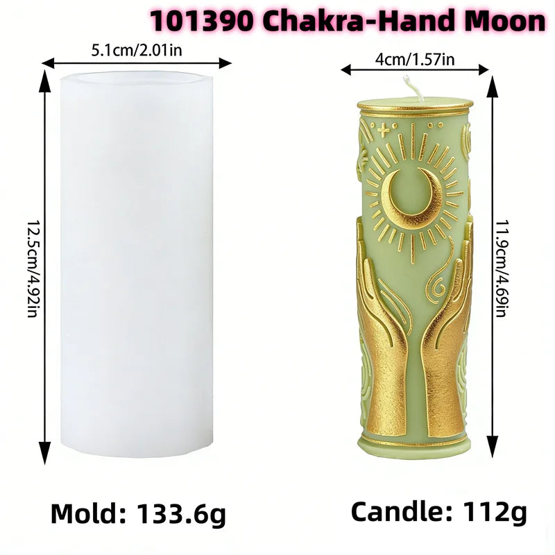 A mold for a Chakra-Hand Moon pillar candle featuring celestial and mystical symbols.