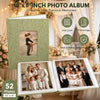 A green linen photo album with an open front display window showing a family portrait.