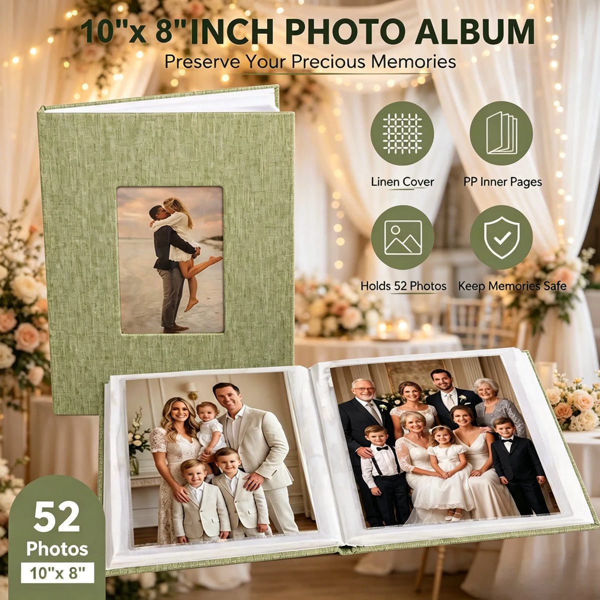 A green linen photo album with an open front display window showing a family portrait.