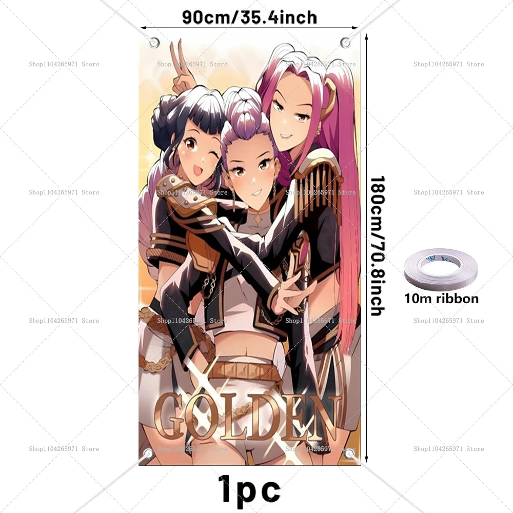 Anime demon hunters party backdrop featuring three female characters with pink and purple hair