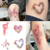 Close-up images showing realistic purple and pink bruise and scar temporary tattoos on skin.