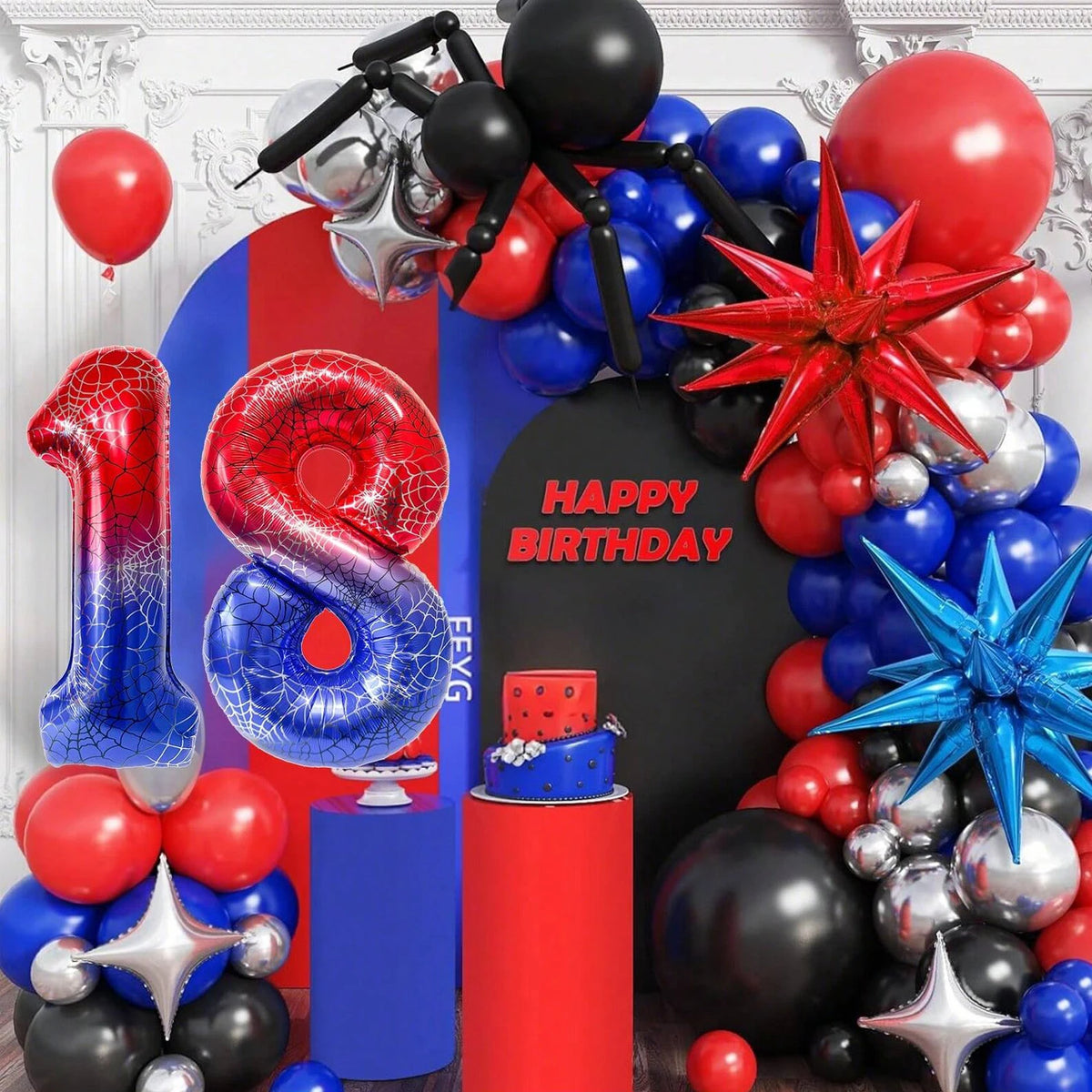 A cluster of red, blue, and silver balloons shaped like the number 1 and 8 for a birthday celebration