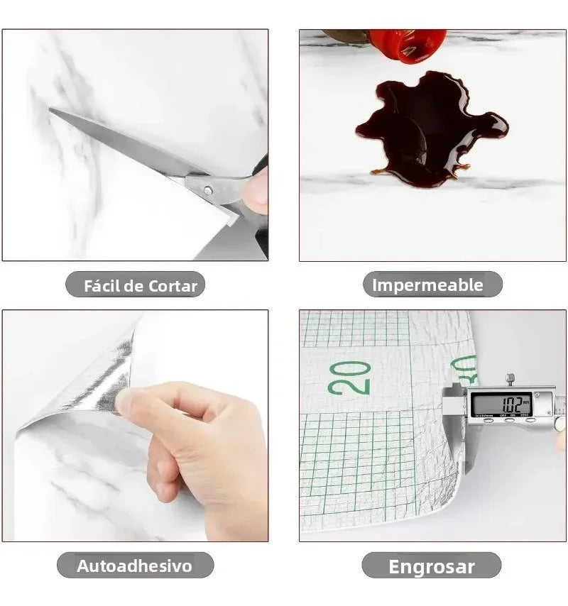 Un ensemble de décals muraux en fausse marbre 3D montrant diverses caractéristiques comme la facilité de coupe, l'imperméabil