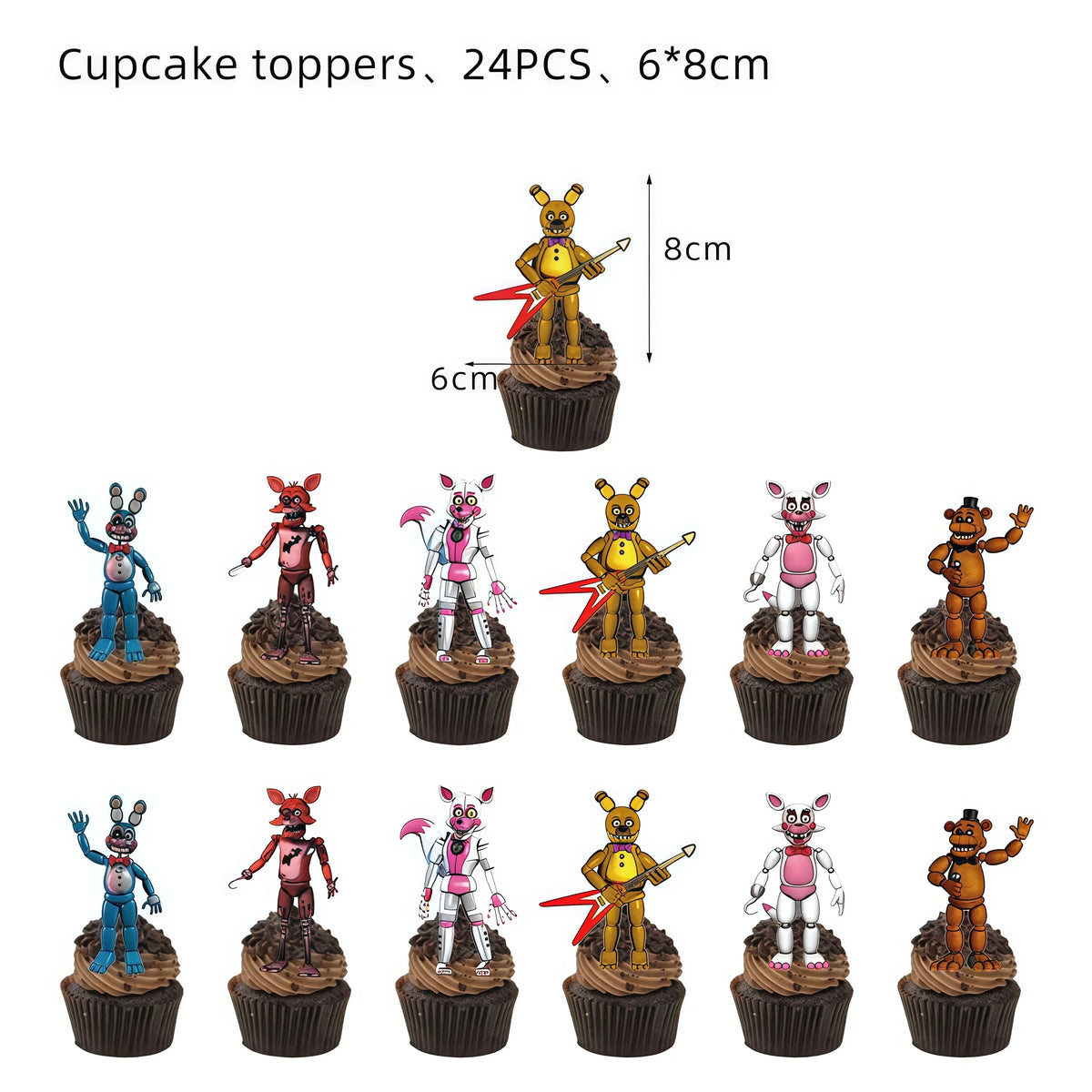 A set of 24 Five Nights at Freddy's themed cupcake toppers featuring various animatronic characters.
