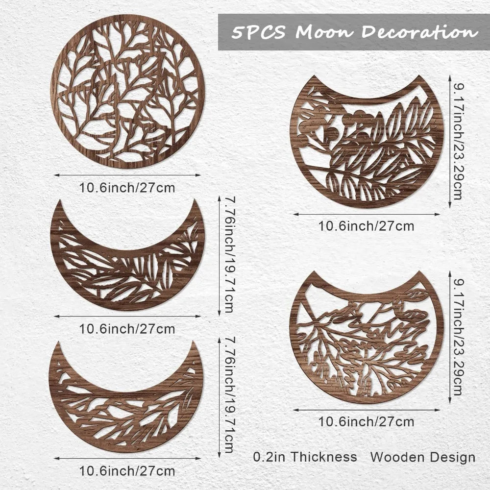 Five pieces of wooden moon decoration featuring intricate leaf patterns for wall art