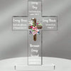 A clear acrylic cross with various Bible verses inscribed on its arms, featuring themes of God's presence and love.