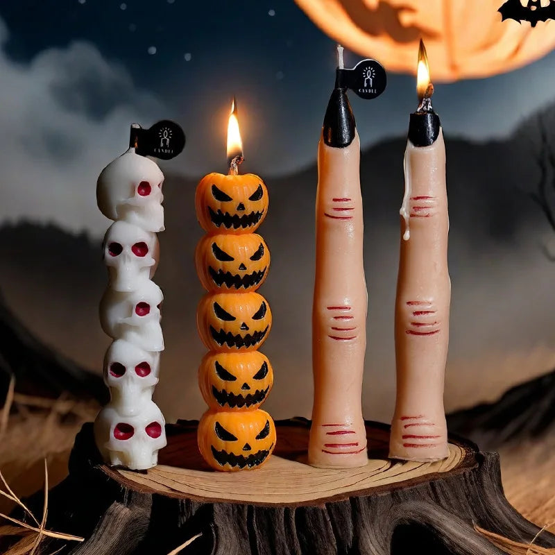 Three white skulls and skeletons are displayed on a wooden slice with lit candles against a dark background.