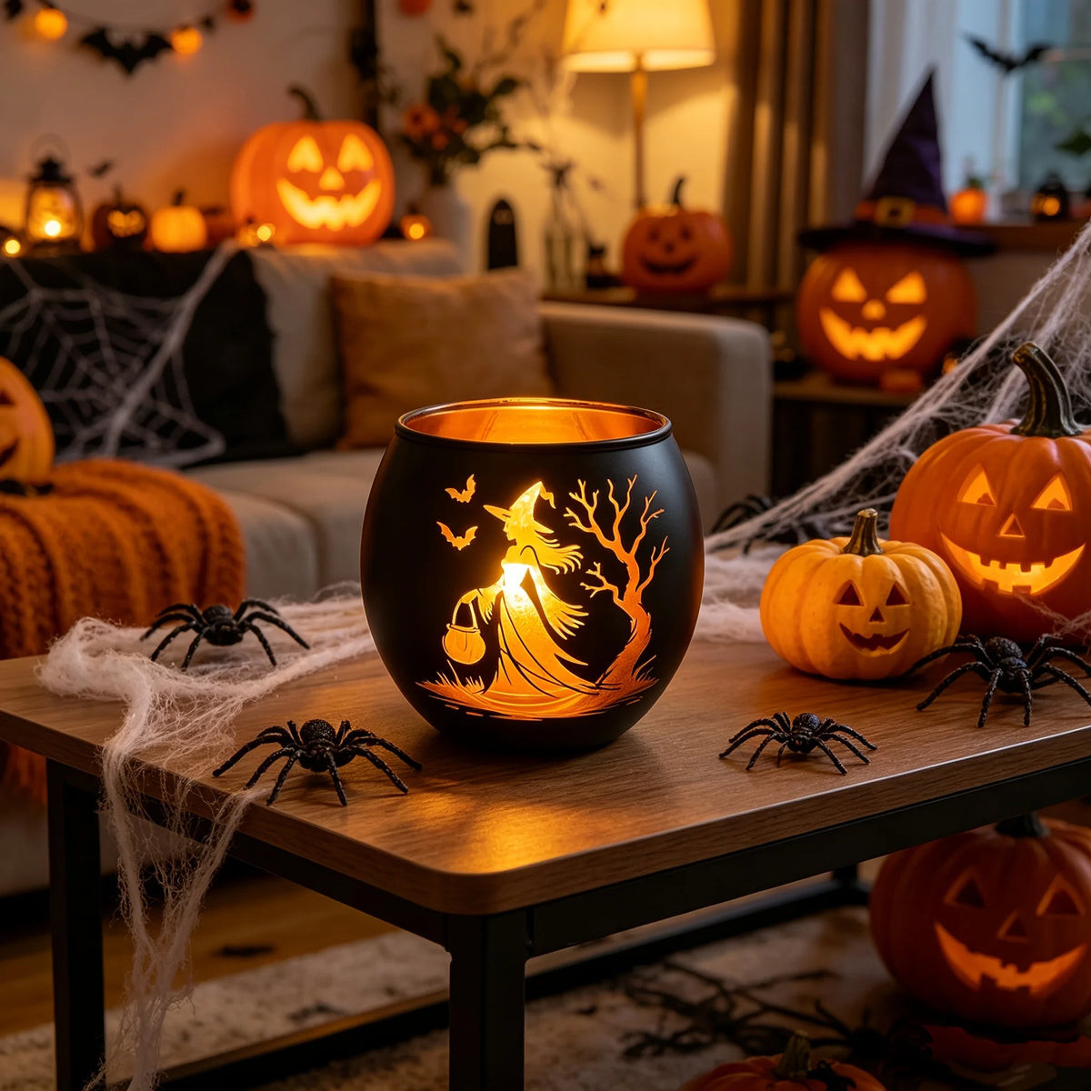 Black Gold Glass Bat Candle Holder with Tree Silhouette