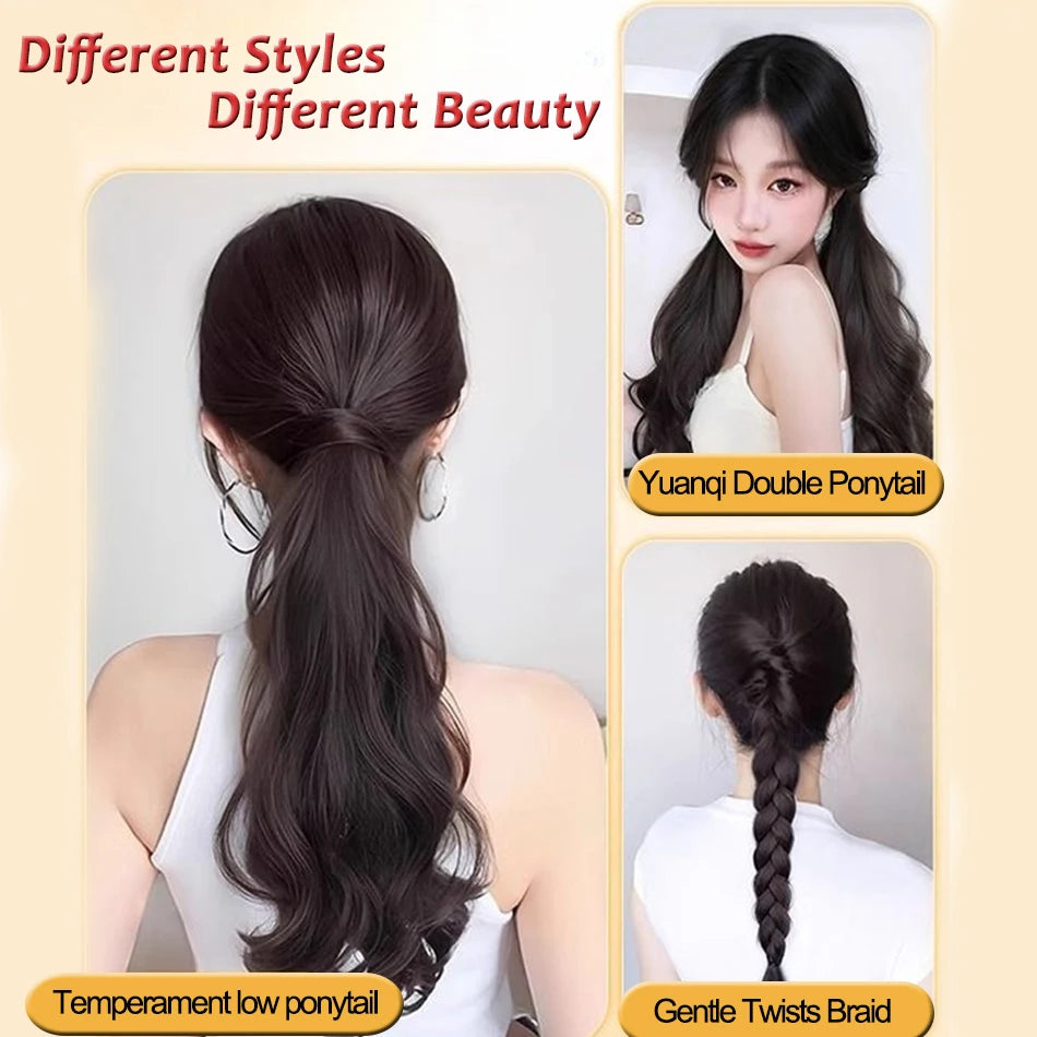 Image showing different styles of long black hair extensions including a double ponytail and a gentle twists braid