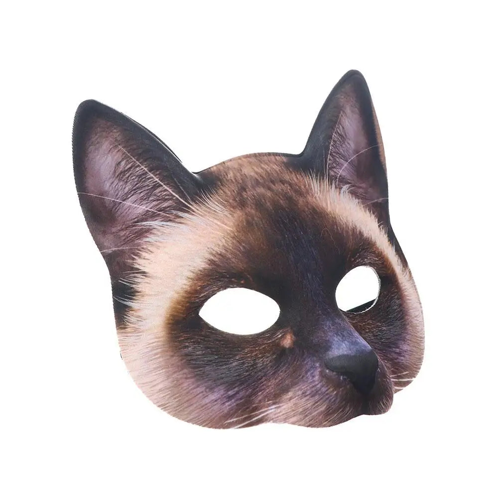 Máscara de mitad de cara peluda de gato marrón y negro para cosplay de fiesta.
