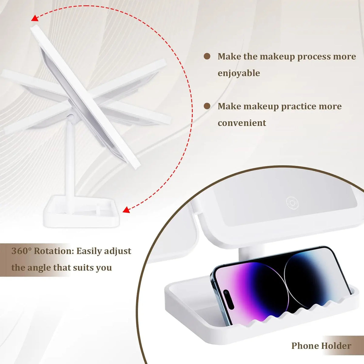 LED trifold makeup mirror with adjustable lighting and phone holder for convenient practice