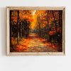 Oil painting of an autumn forest path with vibrant orange and yellow foliage.