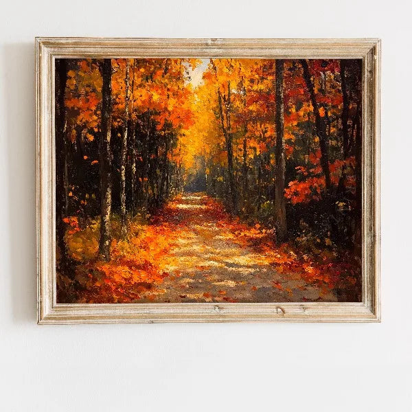 Oil painting of an autumn forest path with vibrant orange and yellow foliage.