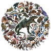 Arrangement circulaire d'autocollants de dinosaures de dessins animés aux couleurs et poses variées.