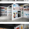 An interior view of a painting exhibition featuring various modern abstract artwork and canvas prints on gallery walls.