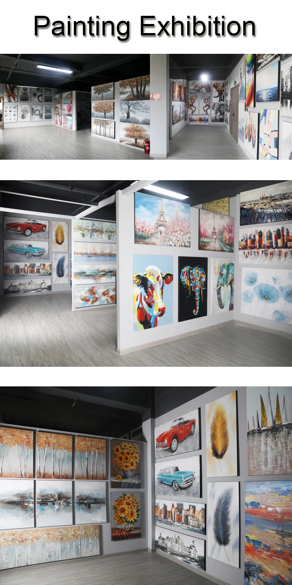 An interior view of a painting exhibition featuring various modern abstract artwork and canvas prints on gallery walls.