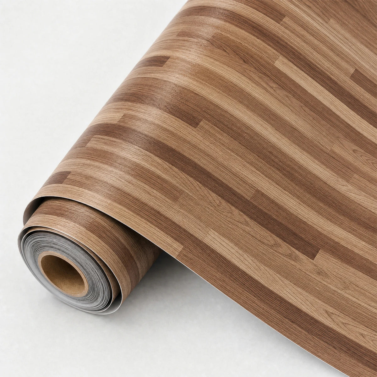 Roll of realistic wood grain floor stickers showing parallel brown planks.