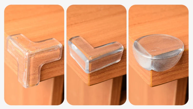 Three views of soft silicone corner protectors used for baby safety on a wooden surface.