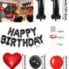 A set of red and black foil number balloons, heart shaped balloons, and round balloons for birthday decorations.