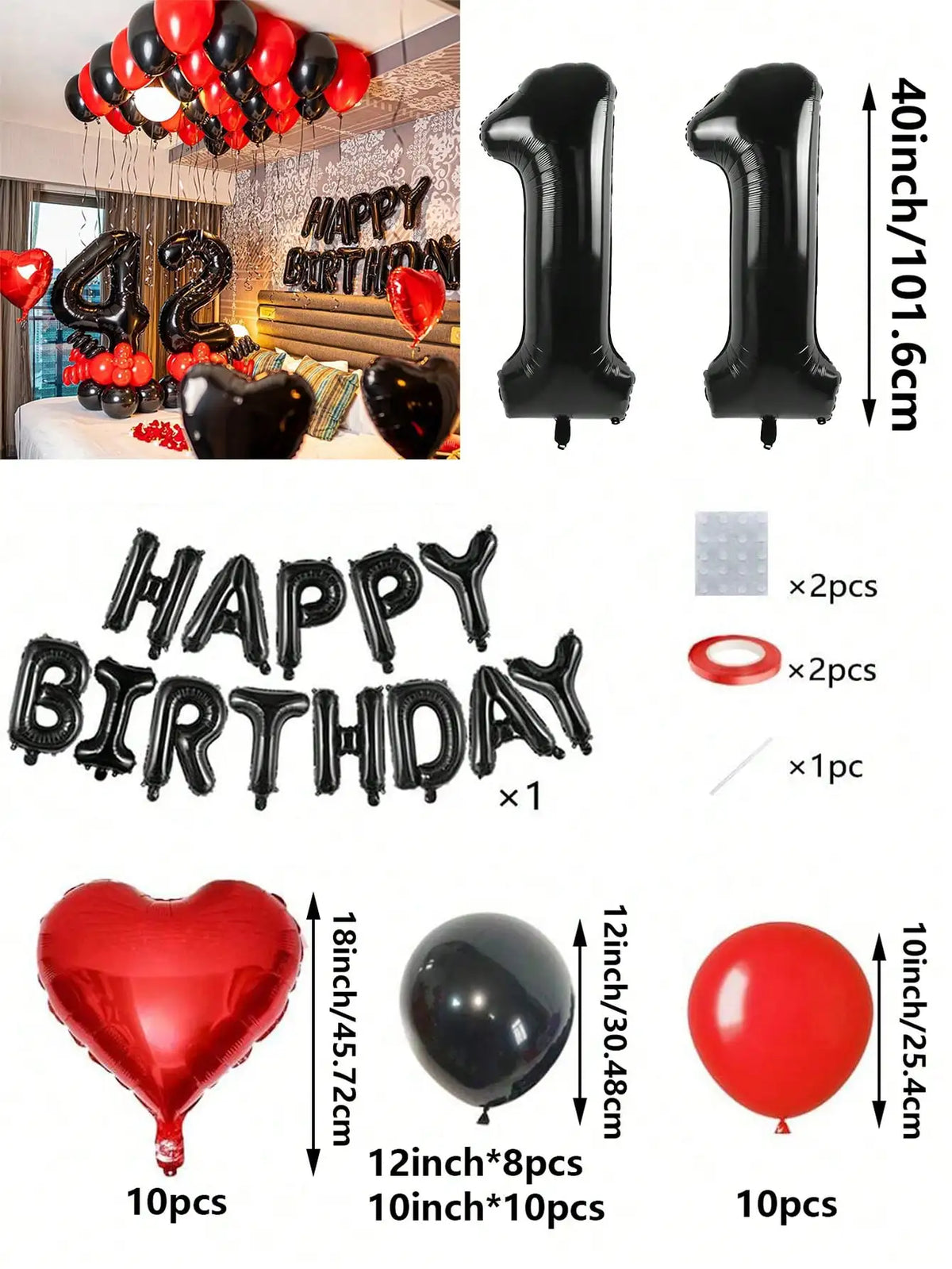 A set of red and black foil number balloons, heart shaped balloons, and round balloons for birthday decorations.