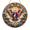 A detailed, colorful acrylic suncatcher featuring an angel figure surrounded by floral and celestial elements.