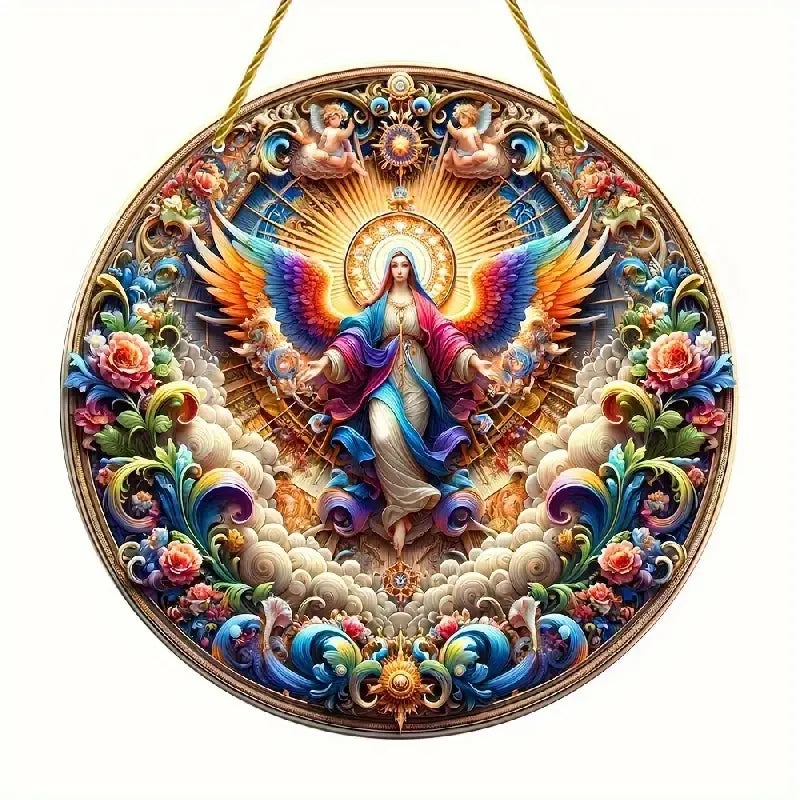 A detailed, colorful acrylic suncatcher featuring an angel figure surrounded by floral and celestial elements.