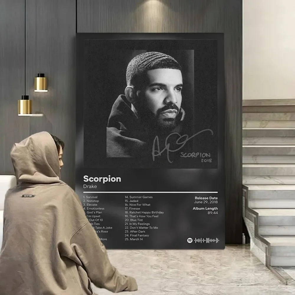 A framed poster featuring Drake's album cover art displayed on a dark wall.