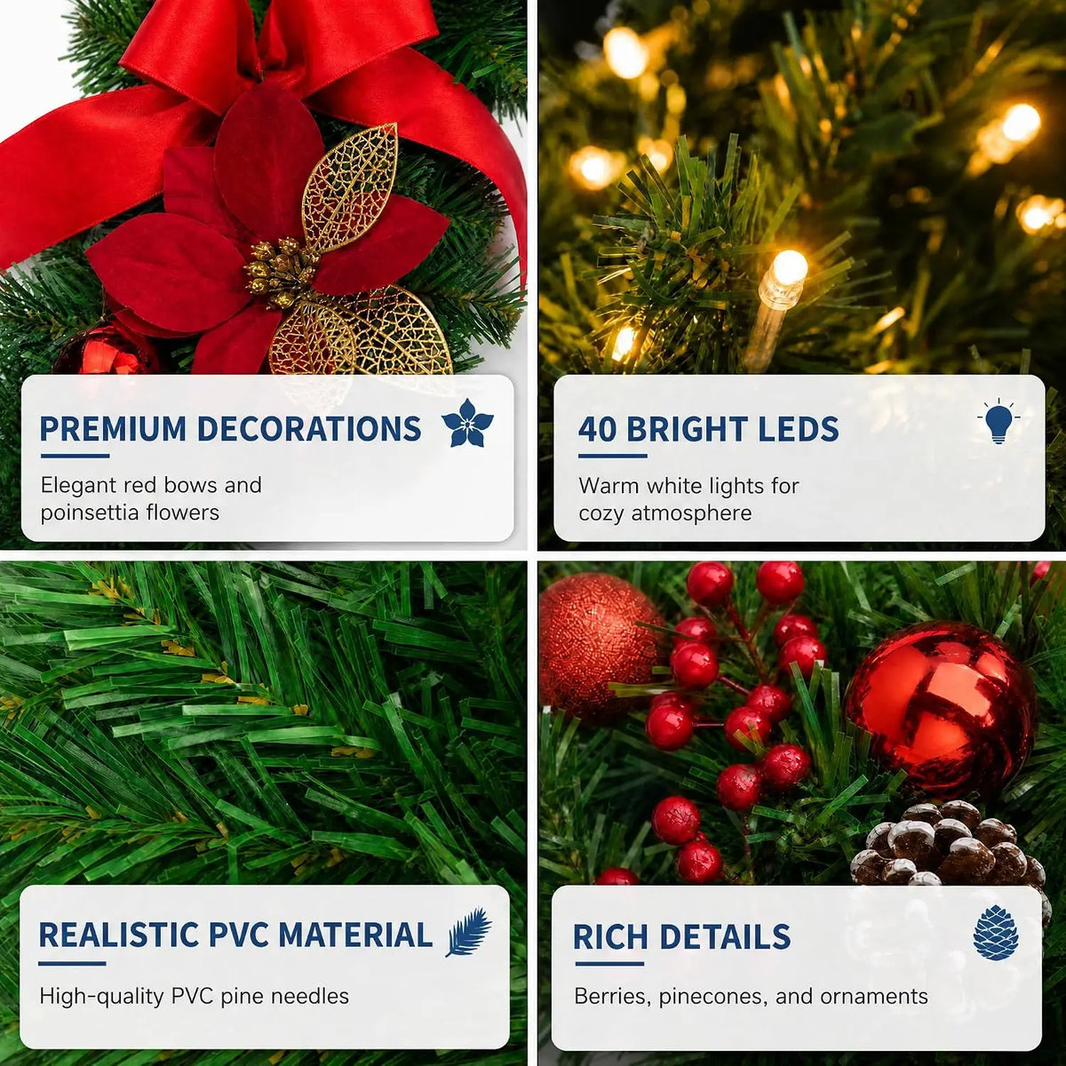 Christmas garland featuring red bows, poinsettia flowers, and 40 bright warm white LED lights on evergreen branches