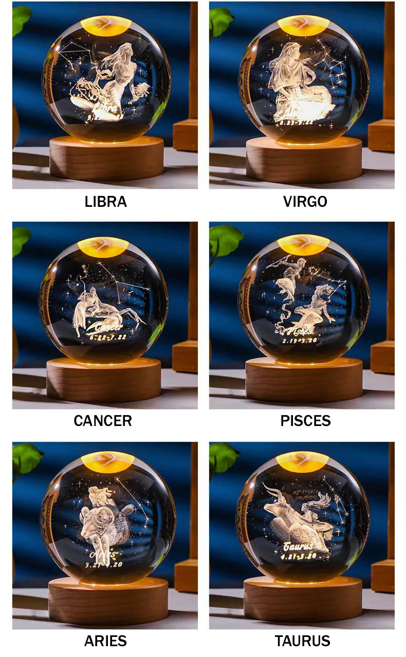 Eight zodiac signs represented by crystal balls showing corresponding constellations and imagery.