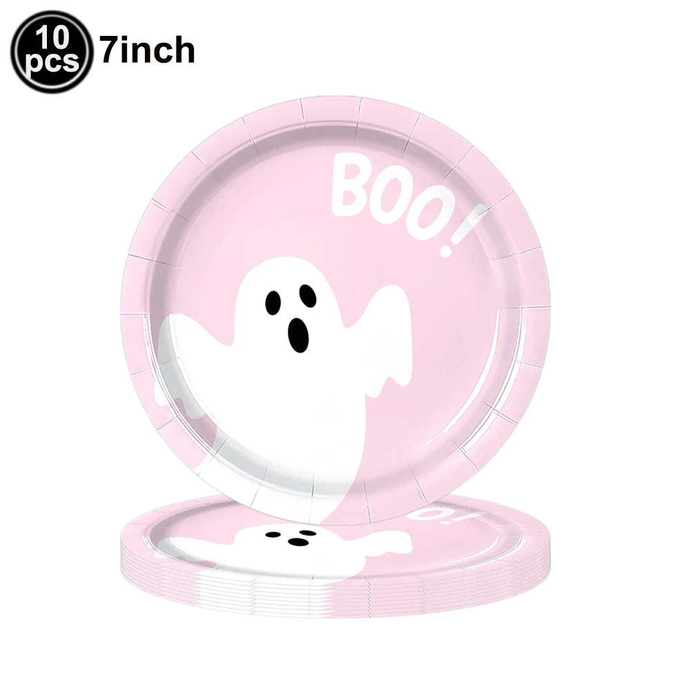 A pink ghost Halloween party tableware set consisting of ten 7-inch plates.