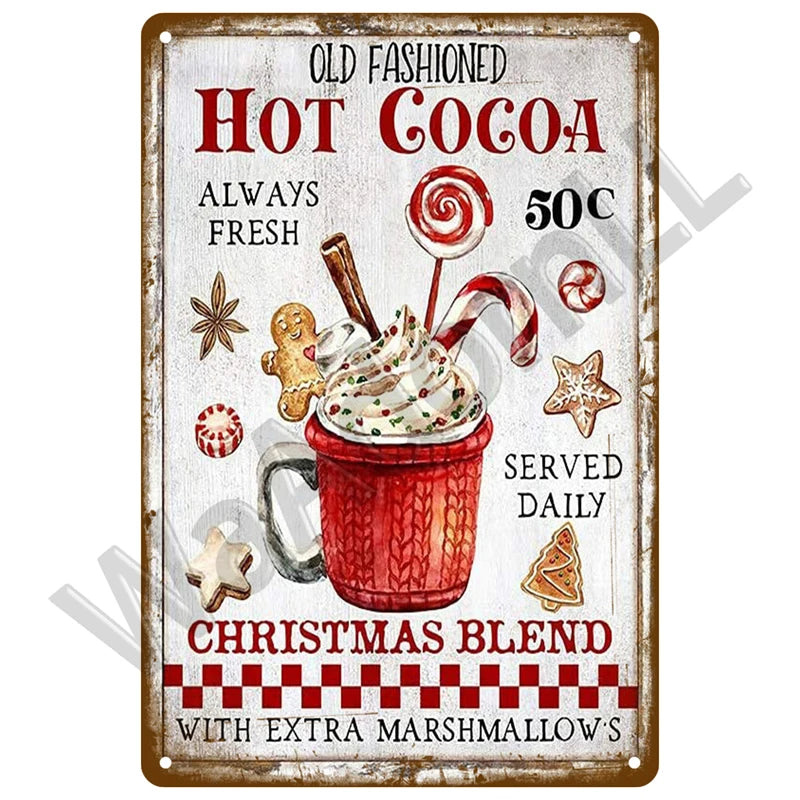 A rustic plaque featuring text 'OLD FASHIONED HOT COCOA ALWAYS FRESH' and a Christmas blend design.