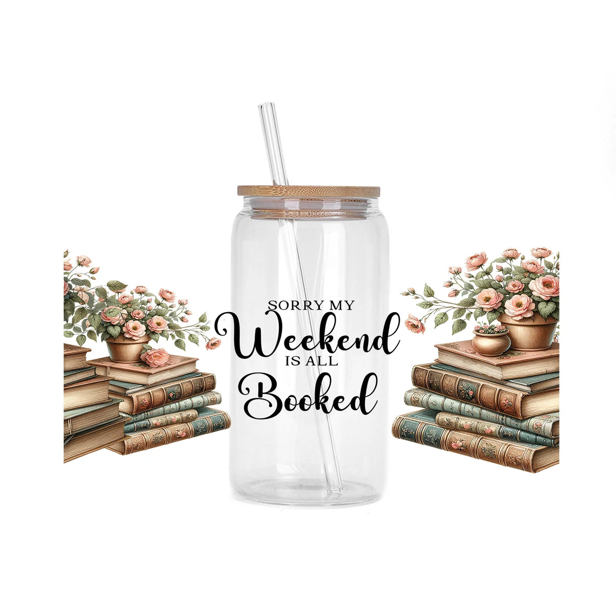 A glass jar filled with decorative stickers and a straw, set against a background of stacked books and floral arrangements.