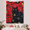 A tapestry wall hanging featuring a black cat with glowing yellow eyes against a red background filled with various other wat