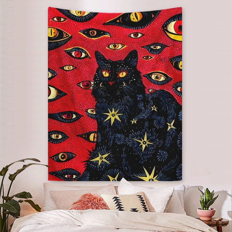 A tapestry wall hanging featuring a black cat with glowing yellow eyes against a red background filled with various other wat