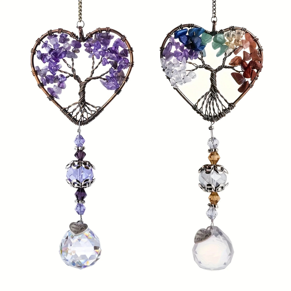 Rainbow crystal tree of life sun catcher featuring multicolored crystals in a heart shape