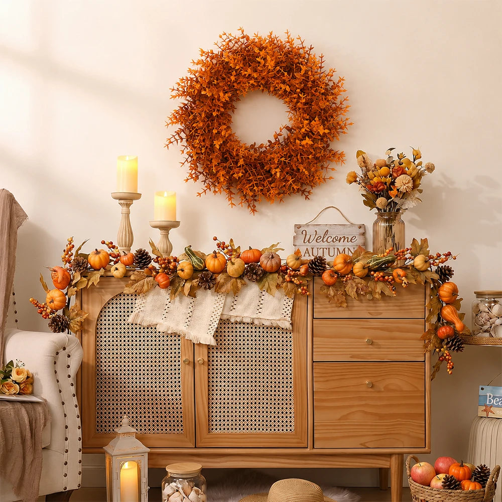 An artificial orange and brown eucalyptus wreath decorated with berries and foliage displayed on a wooden cabinet.
