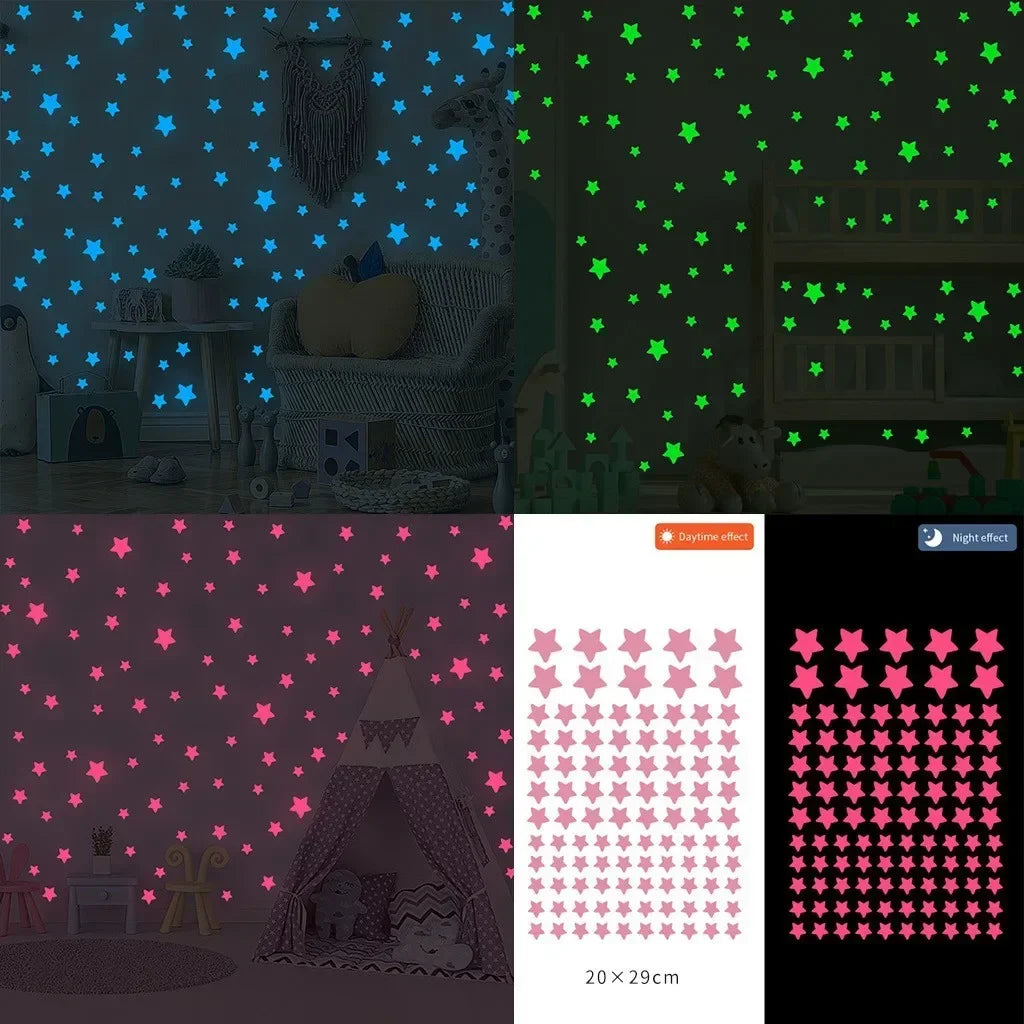 A set of glow-in-the-dark star wall decals featuring green and blue stars on a wall.