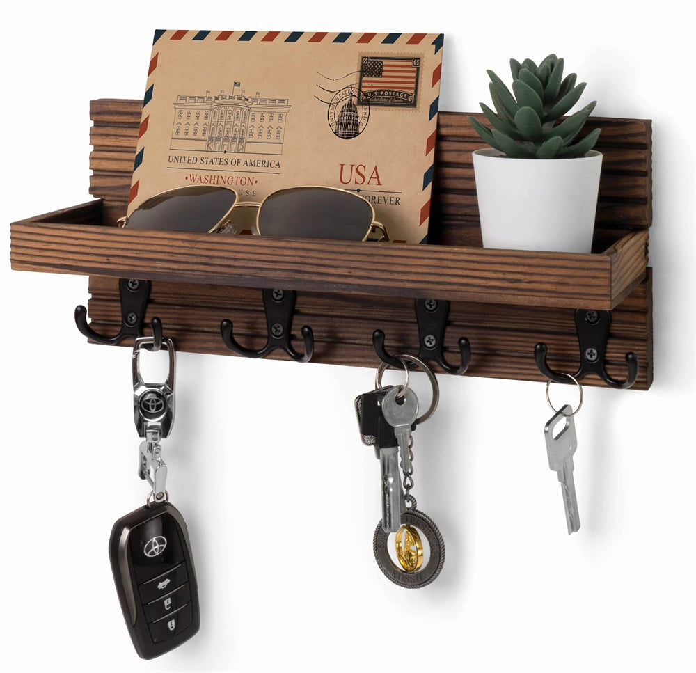 A rustic wooden key holder organizer displaying sunglasses and various keys.