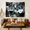 A large tapestry featuring a dark, stylized anime character with intense eyes and intricate black and white patterns.