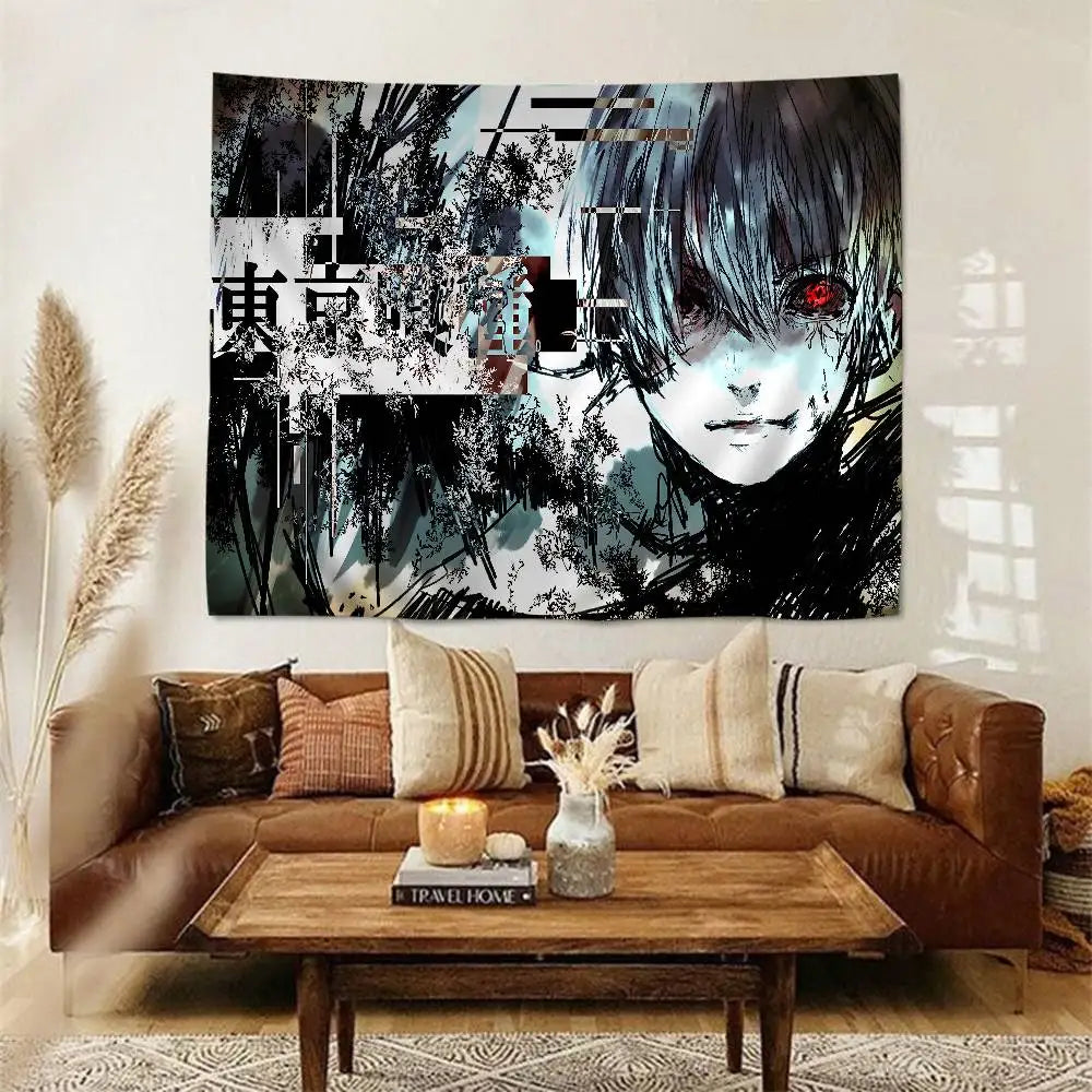 A large tapestry featuring a dark, stylized anime character with intense eyes and intricate black and white patterns.