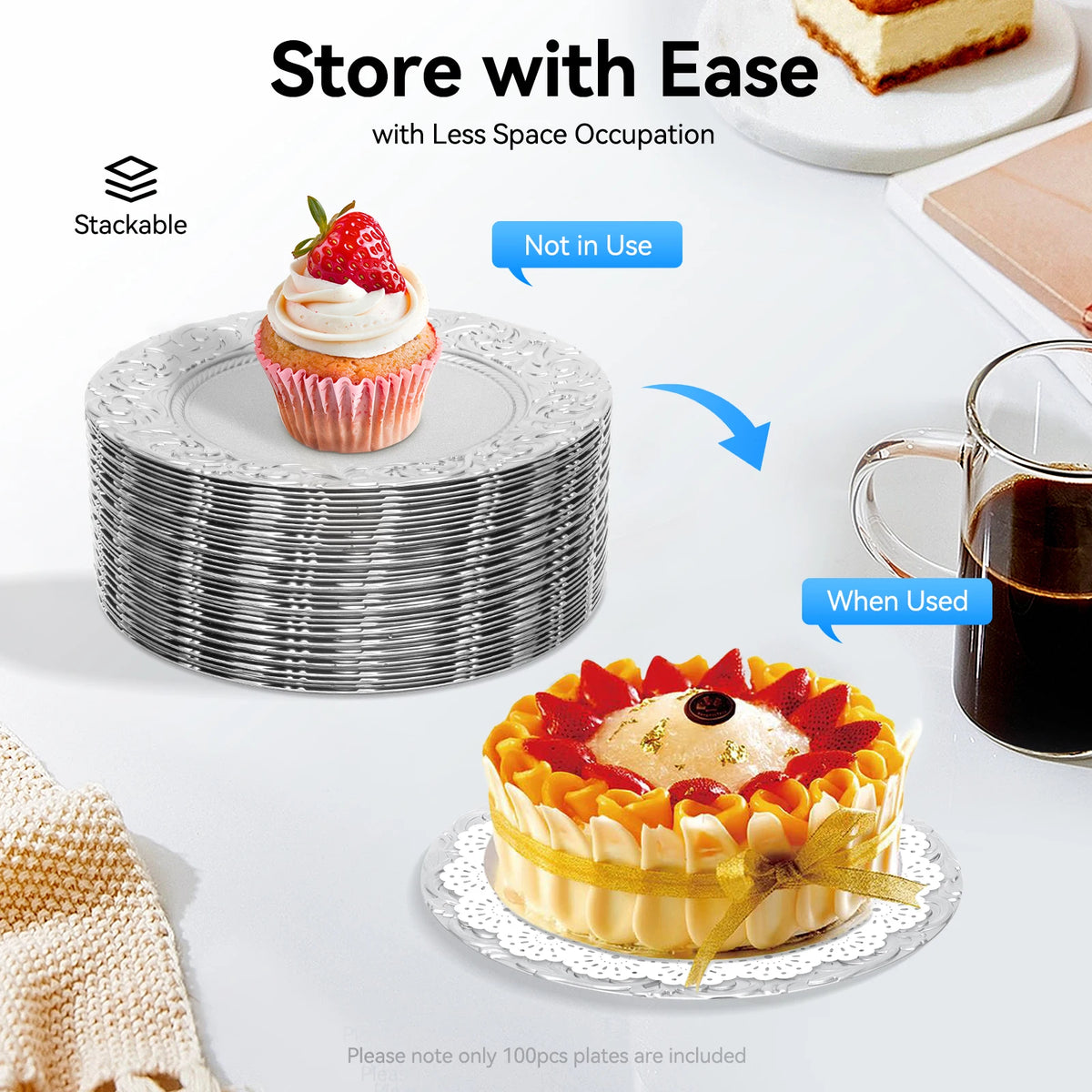 A stack of silver embossed charger plates is shown next to a strawberry cupcake, demonstrating easy storage.