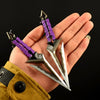 A hand holds a full-size replica katana prop featuring purple and black accents.