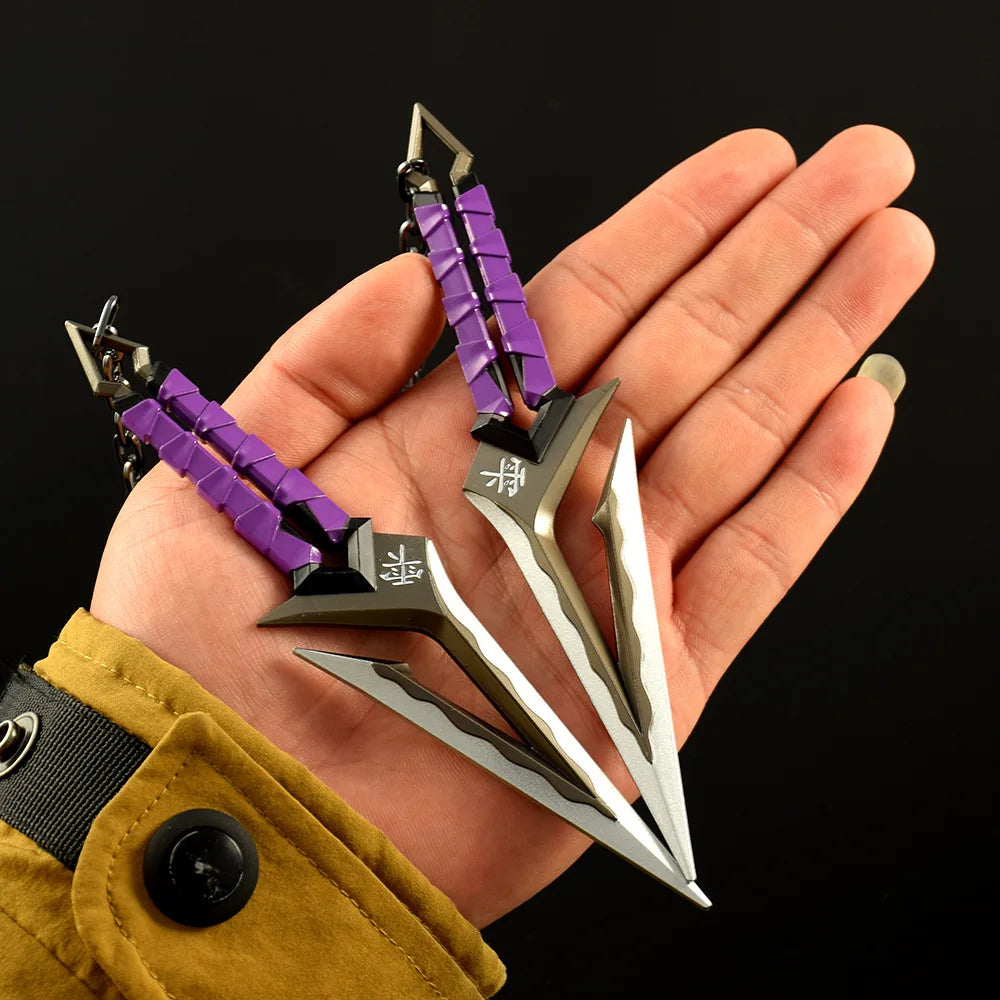 A hand holds a full-size replica katana prop featuring purple and black accents.